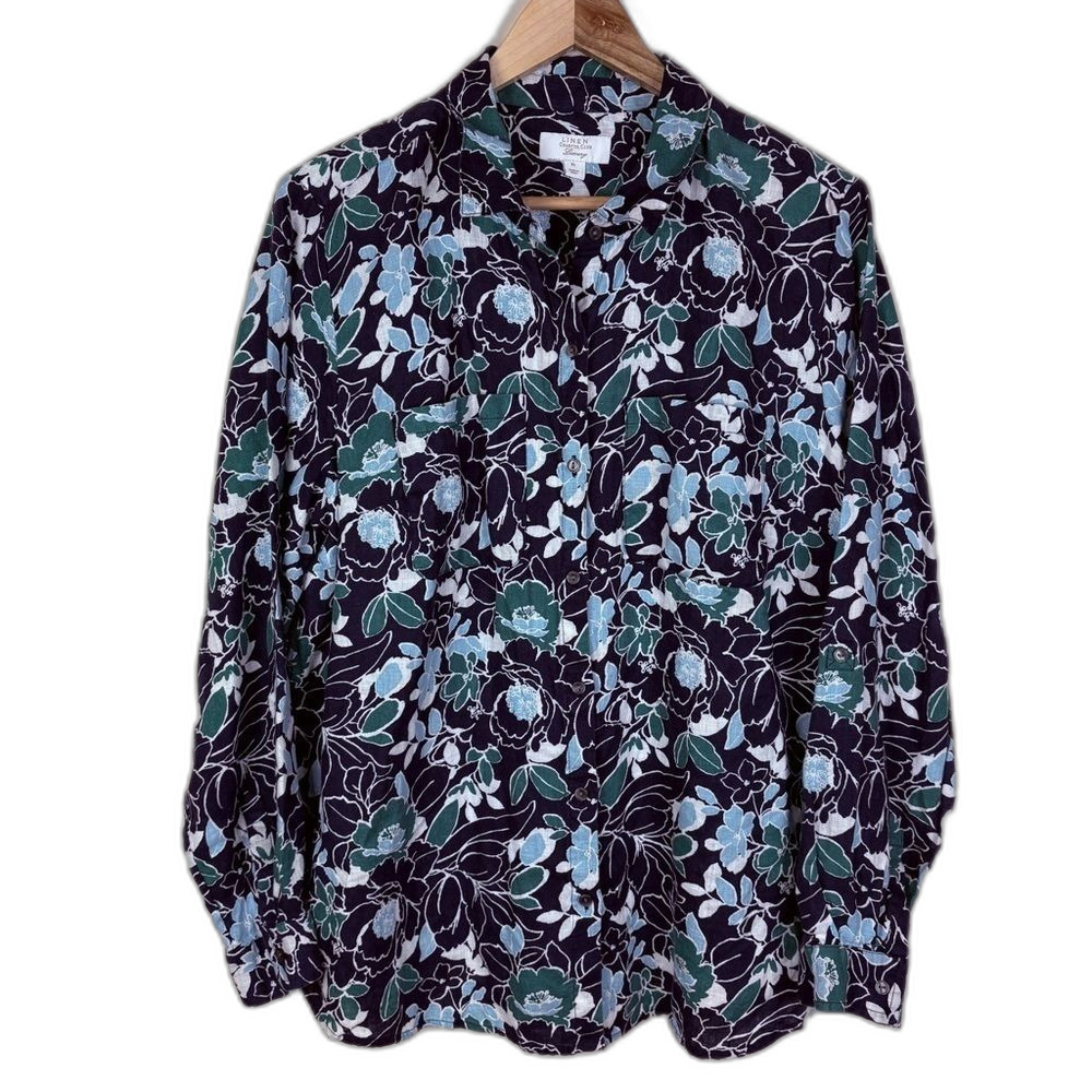 Charter Club 100% Linen Button Down Shirt Women's XL Blue Green Floral Classic